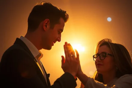Casal cristão em oração profunda representando amor sacrificial no casamento.