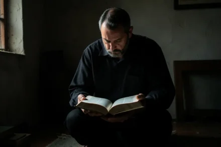 Homem cristão ajoelhado estudando a Bíblia
