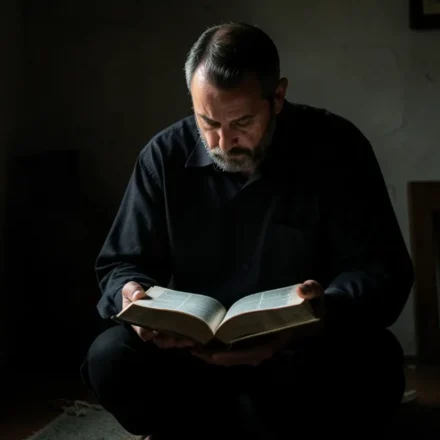 Homem cristão ajoelhado estudando a Bíblia