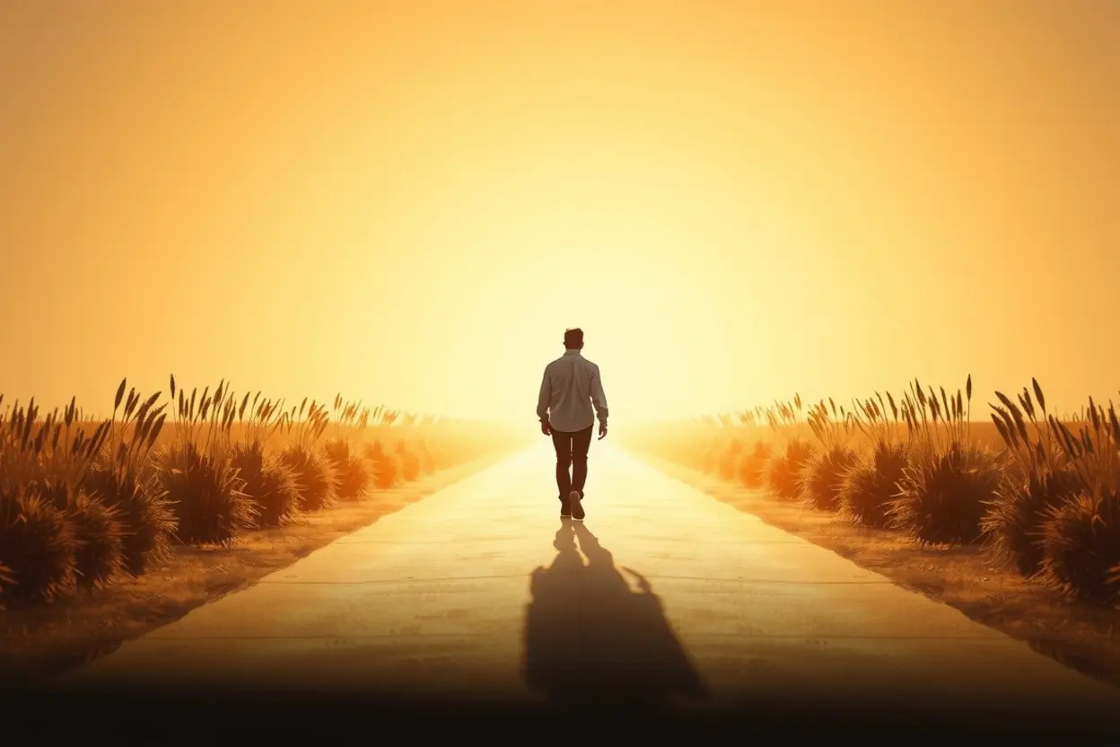 Caminhada com Cristo Pessoa caminhando em direção à luz representando a fé cristã