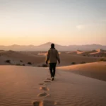 Pessoa caminhando em um deserto representando a jornada cristã.