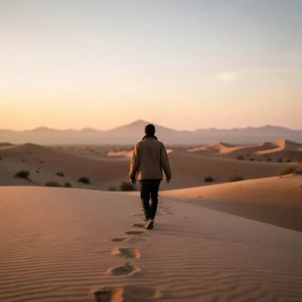 Pessoa caminhando em um deserto representando a jornada cristã.