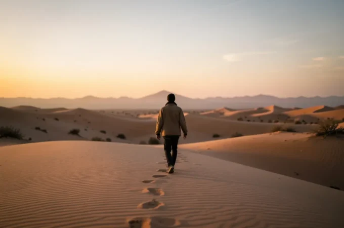 Pessoa caminhando em um deserto representando a jornada cristã.