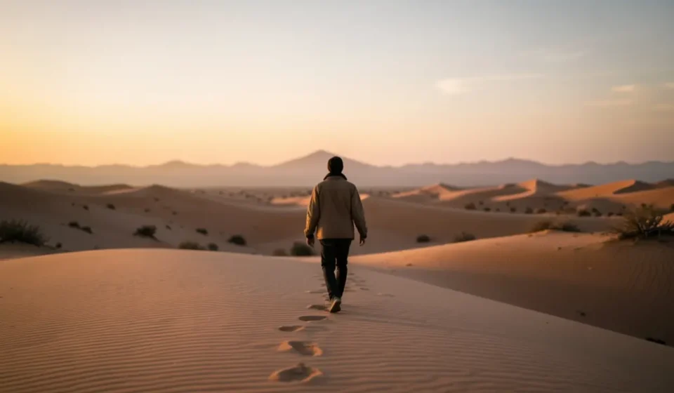 Pessoa caminhando em um deserto representando a jornada cristã.