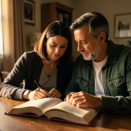 Casal cristão estudando a Bíblia em casa, foco na intimidade espiritual.