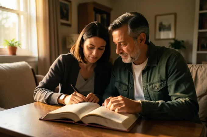 Casal cristão estudando a Bíblia em casa, foco na intimidade espiritual.