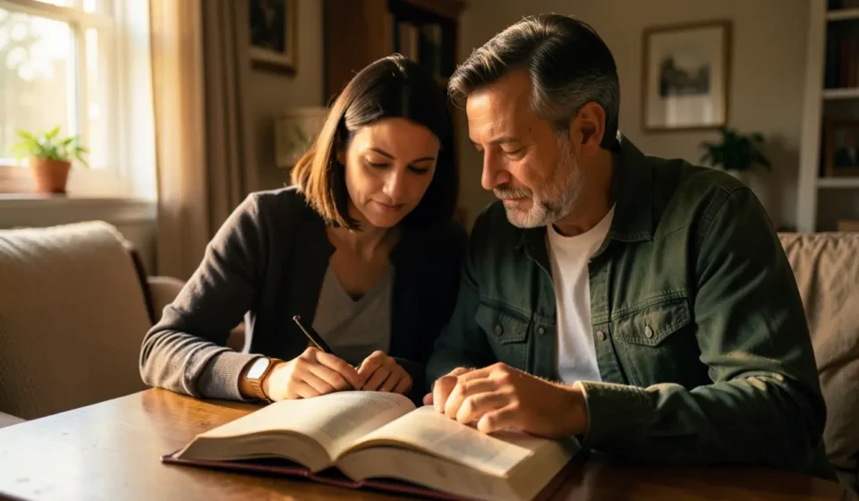 Casal cristão estudando a Bíblia em casa, foco na intimidade espiritual.