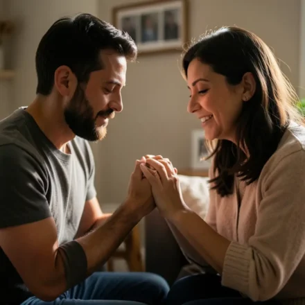 Casal orando em casa representando o ministério mútuo.