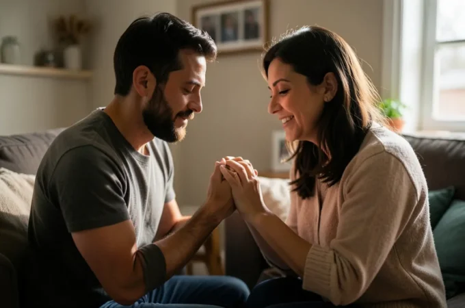 Casal orando em casa representando o ministério mútuo.