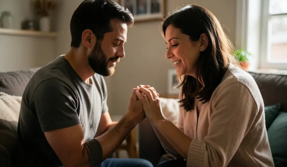 Casal orando em casa representando o ministério mútuo.