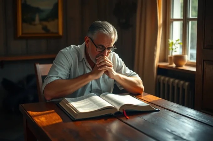 Ciclo Mente-Emoção: Como Alinhar seus Pensamentos à Verdade de Cristo Homem cristão estudando a Bíblia para restaurar o ciclo mente-emoção.