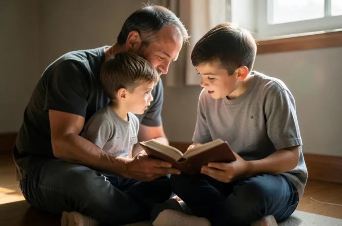 Pai ensinando princípios de obediência bíblica para o seu filho.
