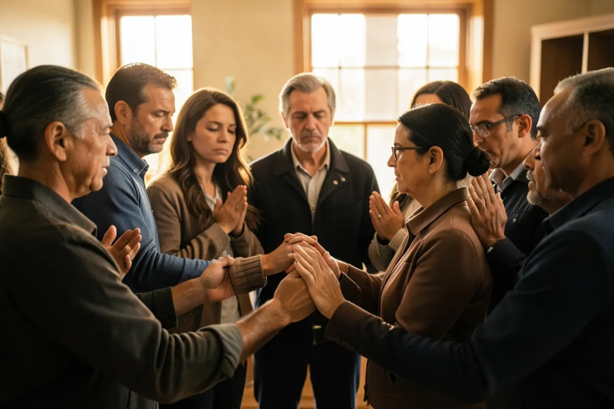 Comunhão e prestação de contas Grupo de cristãos em oração simbolizando a prestação de contas e amizade cristã.