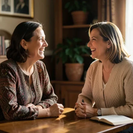 Duas mulheres cristãs conversando sobre propósito e chamado bíblico.