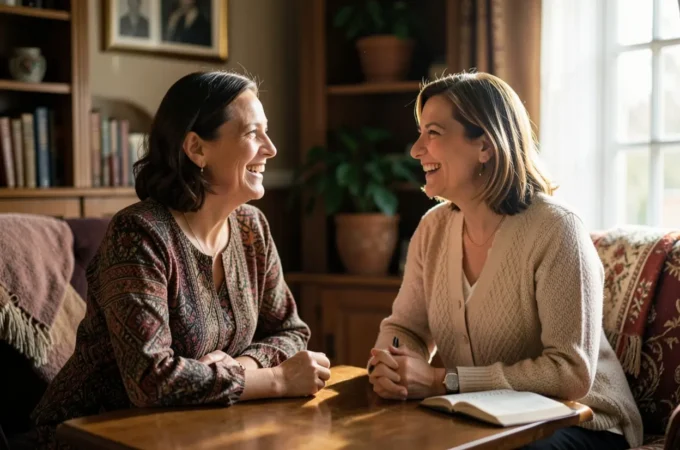 Duas mulheres cristãs conversando sobre propósito e chamado bíblico.