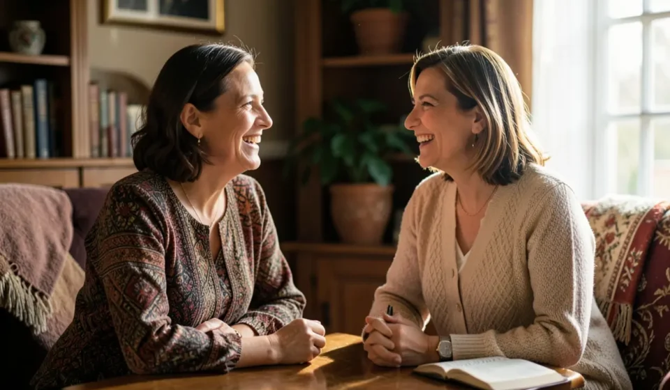 Duas mulheres cristãs conversando sobre propósito e chamado bíblico.