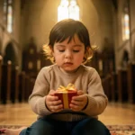 Criança ajoelhada oferecendo presente como forma de adoração a Deus