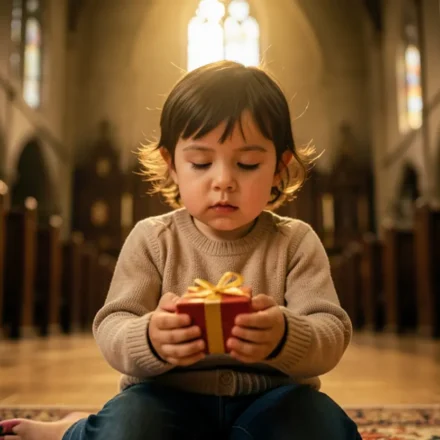 Como Ensinar Crianças a Adorar a Jesus com o Coração Criança ajoelhada oferecendo presente como forma de adoração a Deus