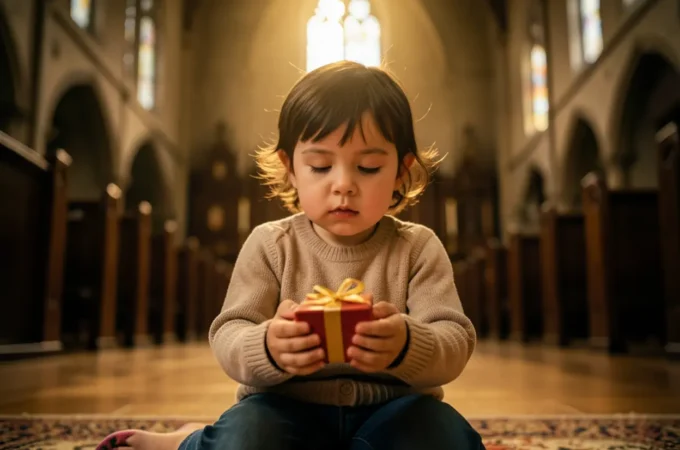 Criança ajoelhada oferecendo presente como forma de adoração a Deus