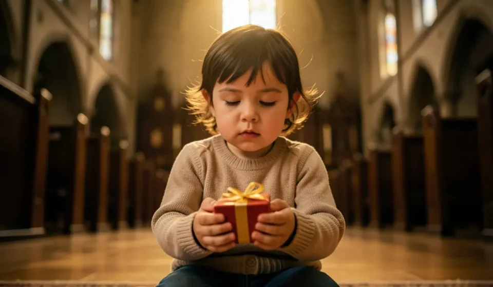 Como Ensinar Crianças a Adorar a Jesus com o Coração Criança ajoelhada oferecendo presente como forma de adoração a Deus