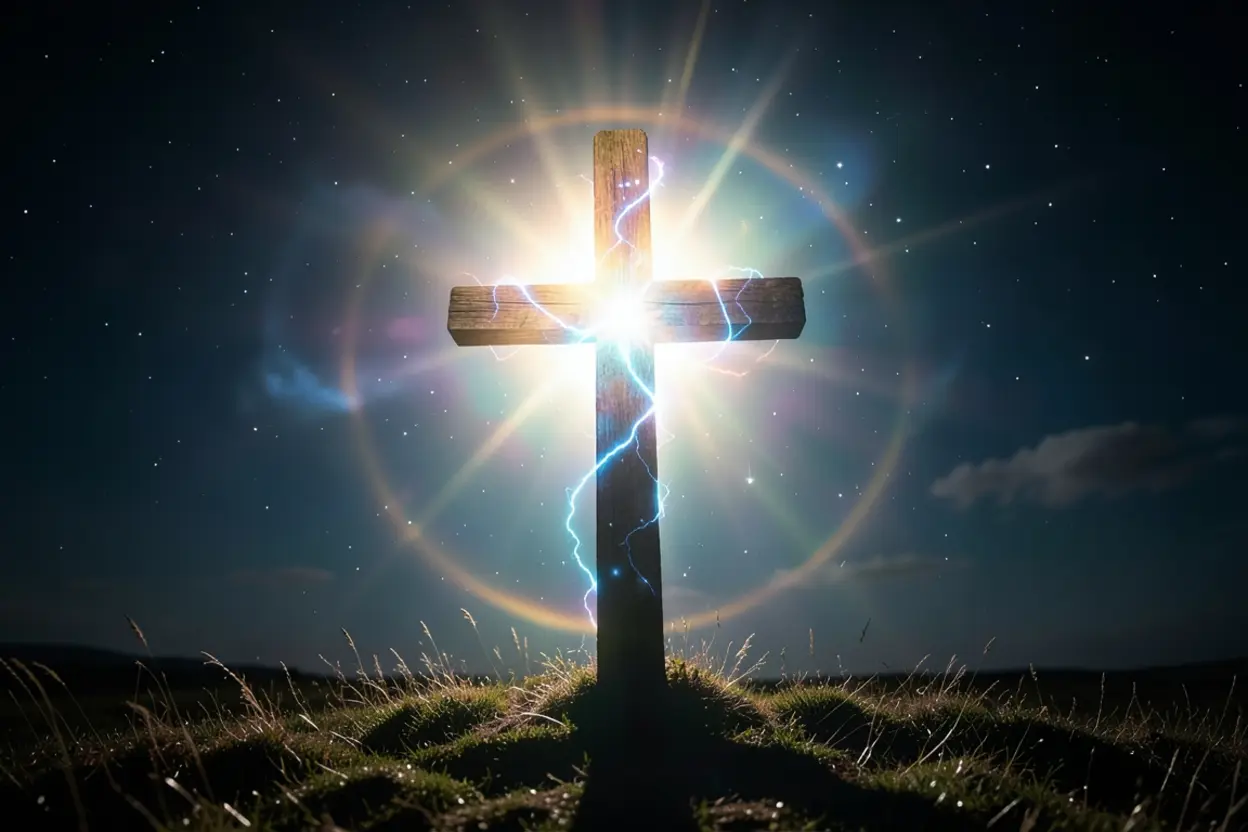 Cruz iluminada simbolizando a salvação cristocêntrica.