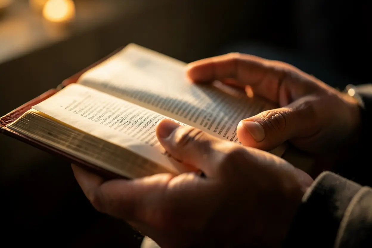 Dependência de Deus nos Desafios Mãos segurando a Bíblia Sagrada com reverência.