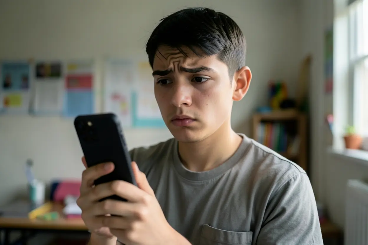 Adolescente usando celular enfrentando tentações digitais.