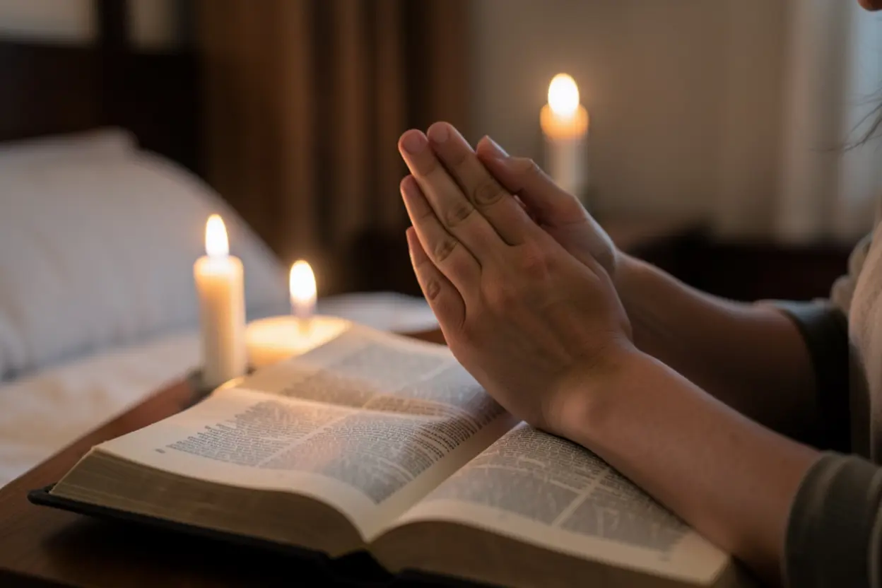 Mãos em oração sobre a Bíblia representando devoção e altar pessoal.