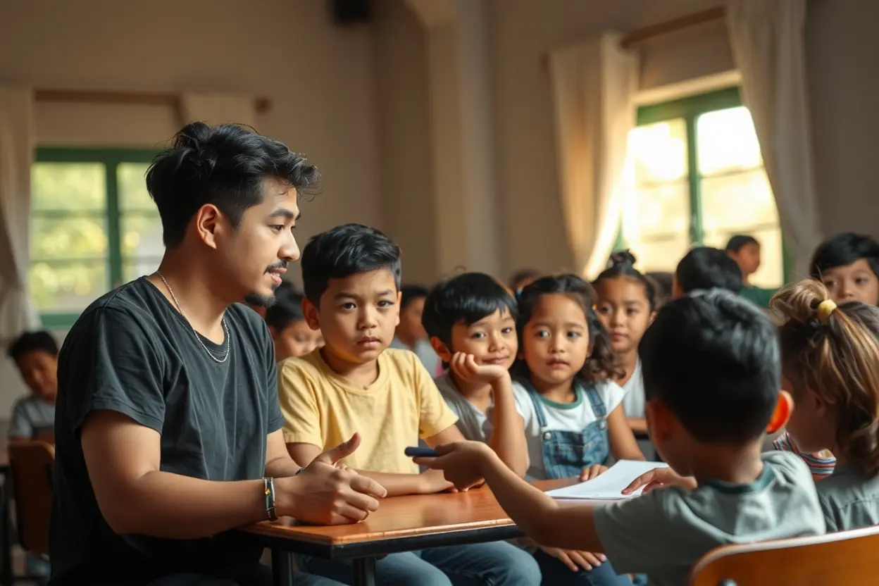 Discipulado infantil em grupo Líder de ministério infantil ensinando grupo de crianças