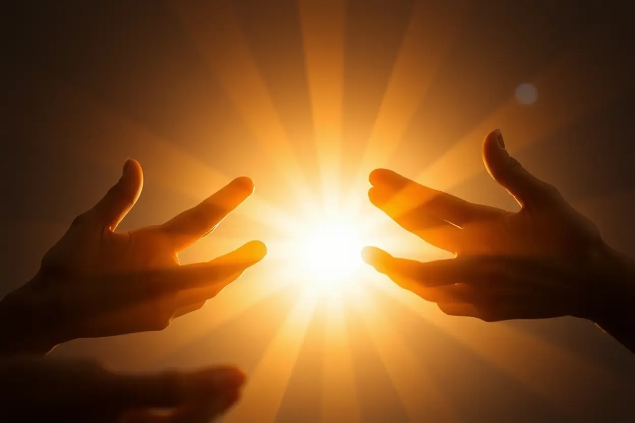 Mãos abertas recebendo luz representando renovação.