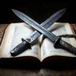 Espadas de ferro cruzadas sobre a Bíblia representando esboço de pregação sobre a amizade cristã.