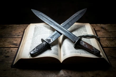 Espadas de ferro cruzadas sobre a Bíblia representando esboço de pregação sobre a amizade cristã.