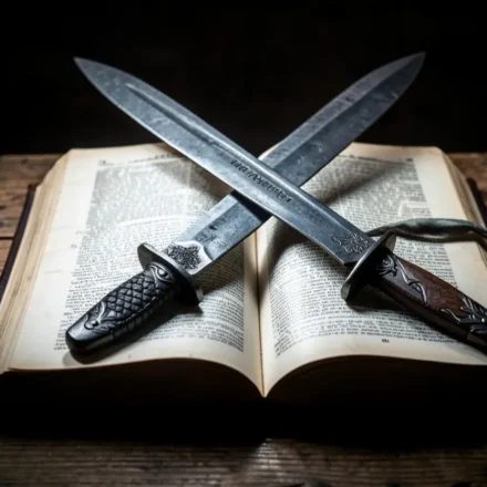Espadas de ferro cruzadas sobre a Bíblia representando esboço de pregação sobre a amizade cristã.