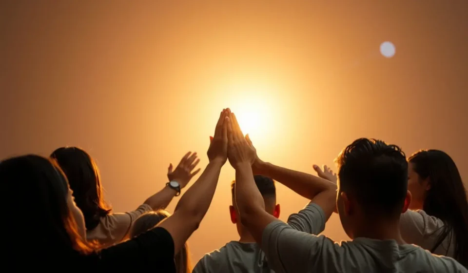 Pessoas se unindo em oração para ilustrar esboço de pregação sobre a unidade da igreja.