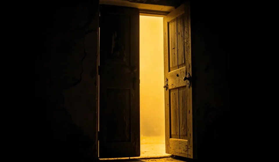 Esboço de pregação sobre Apocalipse 3:20 mostrando porta aberta para Cristo.