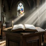 Bíblia aberta em púlpito para esboço de pregação sobre Romanos 8:28-39.