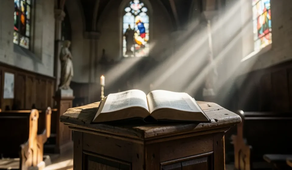 Bíblia aberta em púlpito para esboço de pregação sobre Romanos 8:28-39.