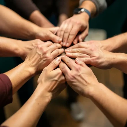 Mãos unidas simbolizando o estudo bíblico de Romanos 12:3-8 sobre dons.