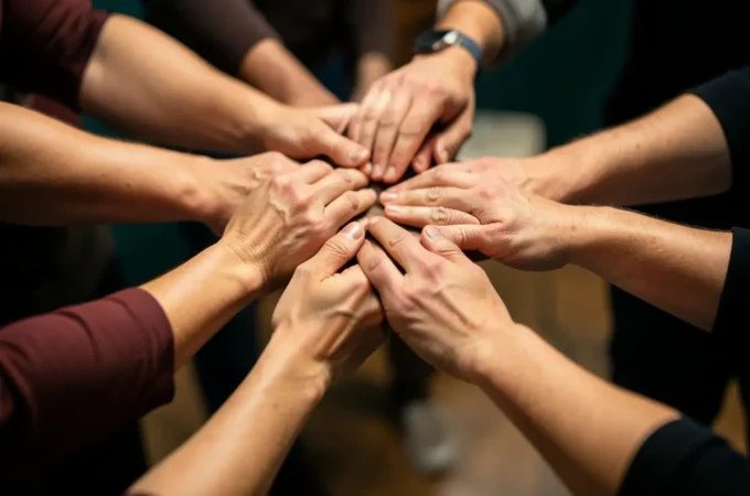 Mãos unidas simbolizando o estudo bíblico de Romanos 12:3-8 sobre dons.