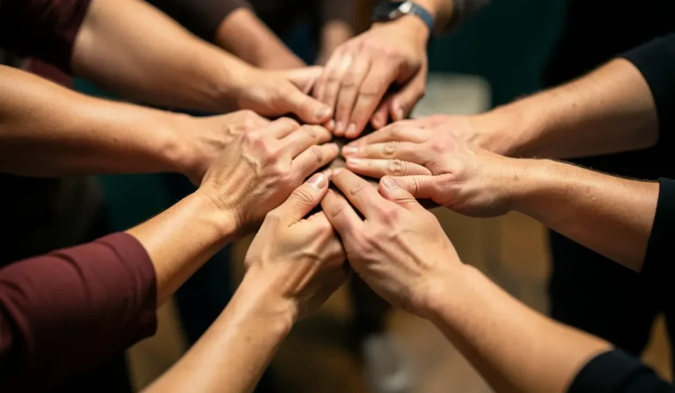 Mãos unidas simbolizando o estudo bíblico de Romanos 12:3-8 sobre dons.