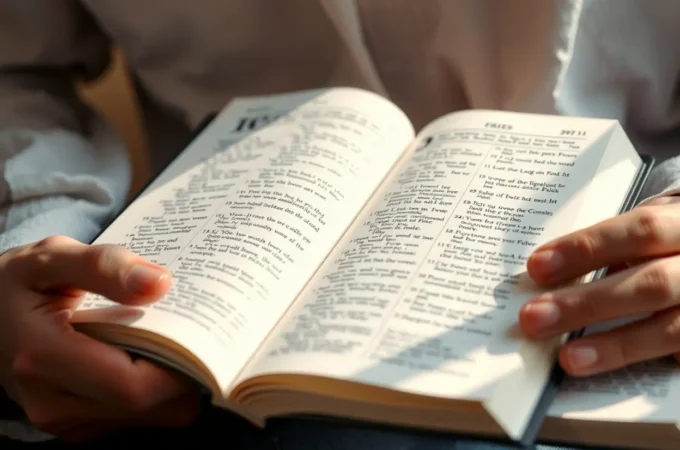 Mãos segurando Bíblia aberta foco na Palavra de Deus