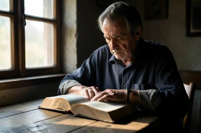 Exaustão Espiritual: O Perigo do Ativismo e o Descanso em Deus Homem cristão em momento de oração e leitura bíblica para vencer a exaustão.
