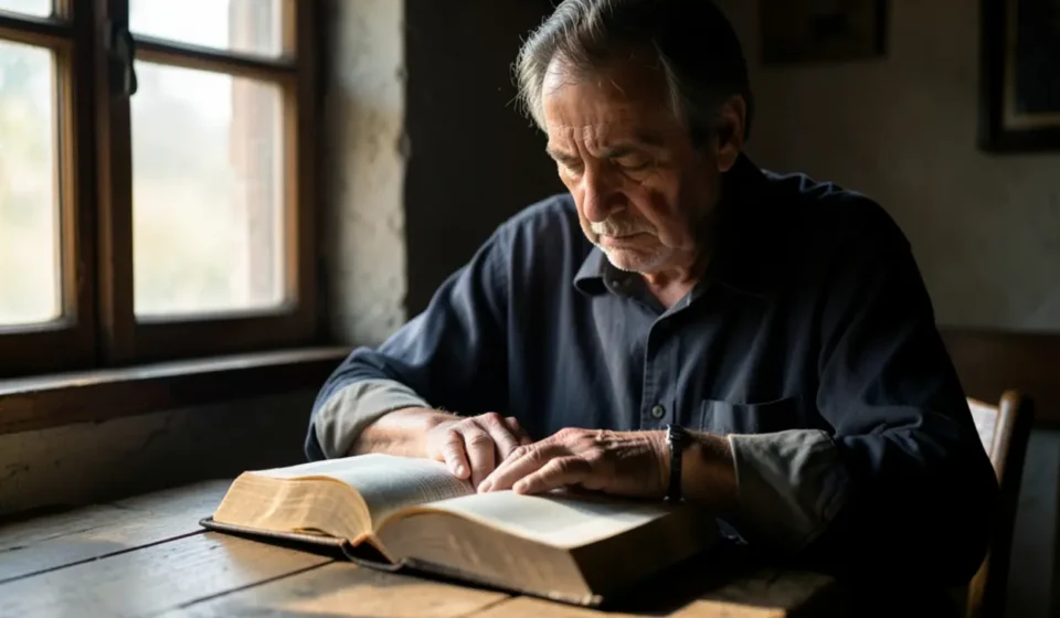 Exaustão Espiritual: O Perigo do Ativismo e o Descanso em Deus Homem cristão em momento de oração e leitura bíblica para vencer a exaustão.