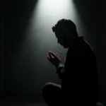 Noite Escura da Alma: Como Encontrar a Deus no Silêncio do Vazio Espiritual Homem cristão em oração profunda durante o silêncio de Deus