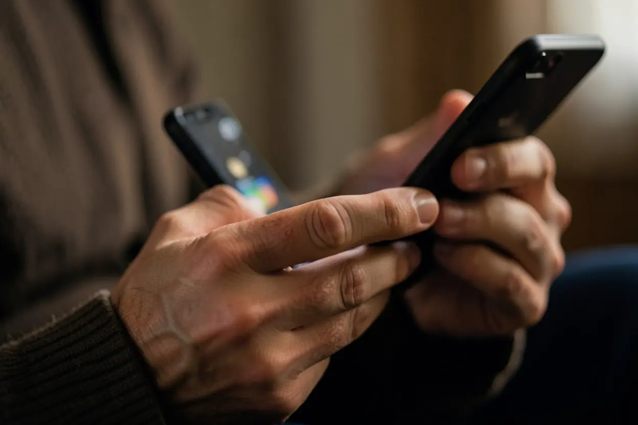 Mãos cristãs usando tecnologia com discernimento e governo de Deus.
