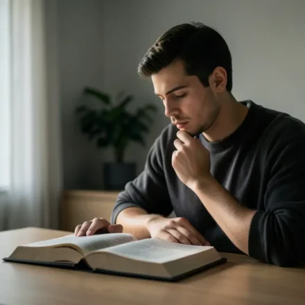 Jovem cristão lendo a Bíblia e refletindo sobre o mandamento de honrar os pais.