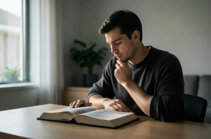 Jovem cristão lendo a Bíblia e refletindo sobre o mandamento de honrar os pais.
