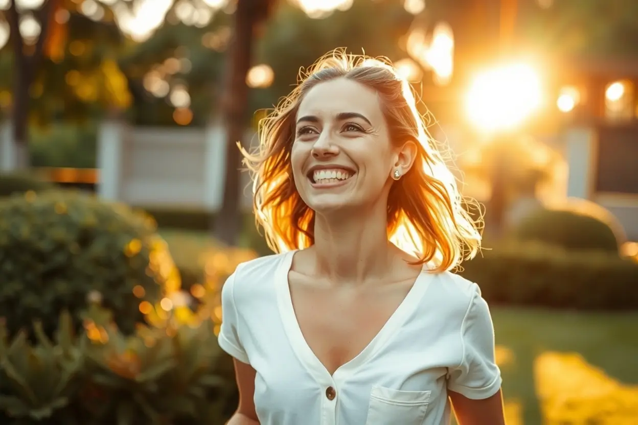 Mulher feliz em um jardim representando identidade restaurada