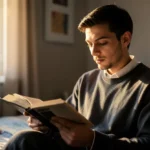Jovem estudando a Bíblia para manter a pureza cristã.