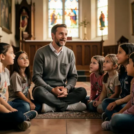 Líder cristão ensinando crianças sobre o Reino de Deus em igreja.